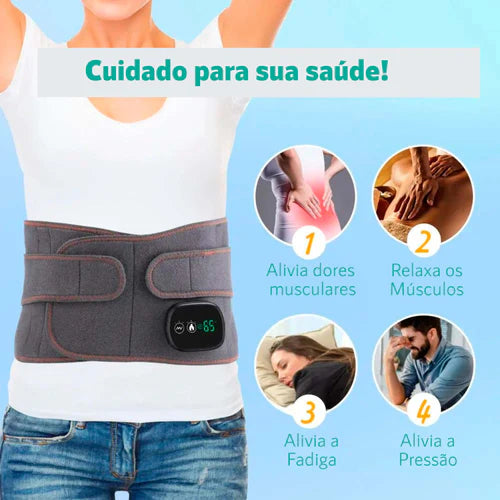 cinta massageadora, alívio dor coluna, alívio dor quadril, terapia de calor, massagem por vibração, melhora circulação sanguínea, redução de inchaço, cinta ortopédica, recuperação do quadril, AirPulse Therapy, tratamento não invasivo, material respirável, ajuste personalizado, cinta portátil, alívio muscular, alívio tensão nas articulações, estimulação de colágeno, regeneração celular, cinta terapêutica, alívio instantâneo