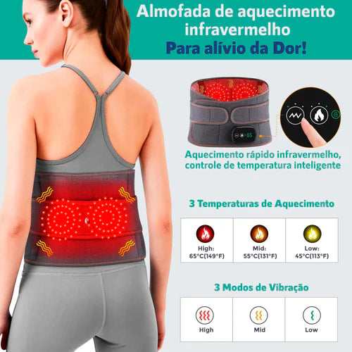 cinta massageadora, alívio dor coluna, alívio dor quadril, terapia de calor, massagem por vibração, melhora circulação sanguínea, redução de inchaço, cinta ortopédica, recuperação do quadril, AirPulse Therapy, tratamento não invasivo, material respirável, ajuste personalizado, cinta portátil, alívio muscular, alívio tensão nas articulações, estimulação de colágeno, regeneração celular, cinta terapêutica, alívio instantâneo