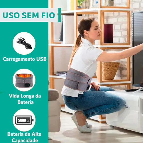 cinta massageadora, alívio dor coluna, alívio dor quadril, terapia de calor, massagem por vibração, melhora circulação sanguínea, redução de inchaço, cinta ortopédica, recuperação do quadril, AirPulse Therapy, tratamento não invasivo, material respirável, ajuste personalizado, cinta portátil, alívio muscular, alívio tensão nas articulações, estimulação de colágeno, regeneração celular, cinta terapêutica, alívio instantâneo