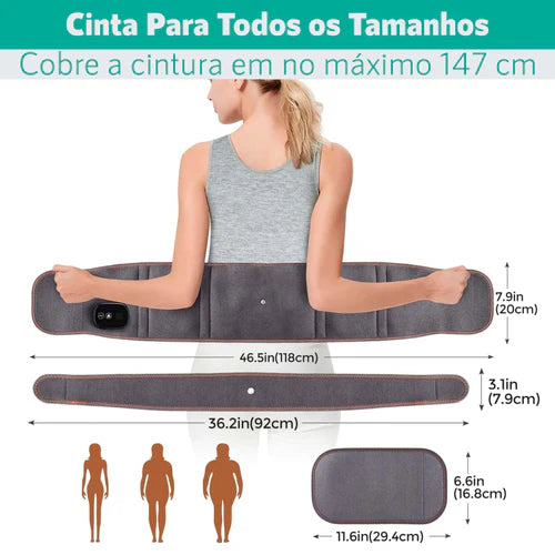 cinta massageadora, alívio dor coluna, alívio dor quadril, terapia de calor, massagem por vibração, melhora circulação sanguínea, redução de inchaço, cinta ortopédica, recuperação do quadril, AirPulse Therapy, tratamento não invasivo, material respirável, ajuste personalizado, cinta portátil, alívio muscular, alívio tensão nas articulações, estimulação de colágeno, regeneração celular, cinta terapêutica, alívio instantâneo